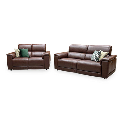 'Genius' Montana Chocolate Brown Leather 3+ 2 Seater Power Recliner Sofa Set with Power Headrests and Power Lumbar Furniture Village