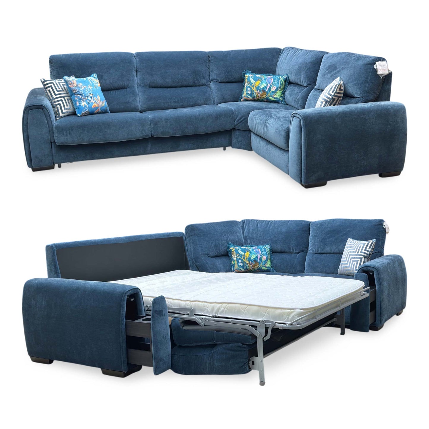 ‘Flex’ Fab-Can-R330 Steel Blue Fabric Small Corner Sofa Bed with Storage Arm Furniture Village