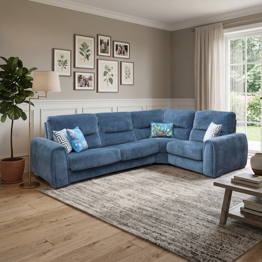 ‘Flex’ Fab-Can-R330 Steel Blue Fabric Small Corner Sofa Bed with Storage Arm Furniture Village