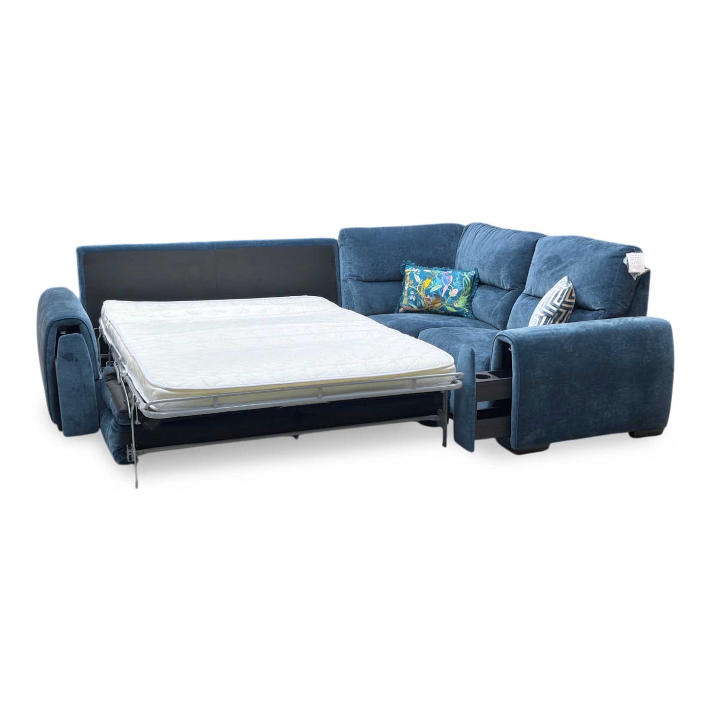 ‘Flex’ Fab-Can-R330 Steel Blue Fabric Small Corner Sofa Bed with Storage Arm Furniture Village