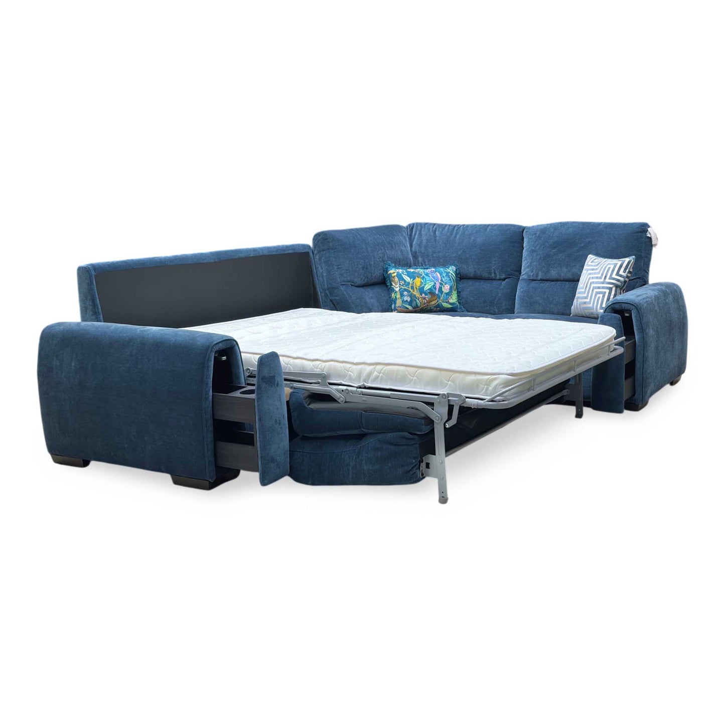 ‘Flex’ Fab-Can-R330 Steel Blue Fabric Small Corner Sofa Bed with Storage Arm Furniture Village