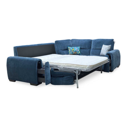 ‘Flex’ Fab-Can-R330 Steel Blue Fabric Small Corner Sofa Bed with Storage Arm Furniture Village