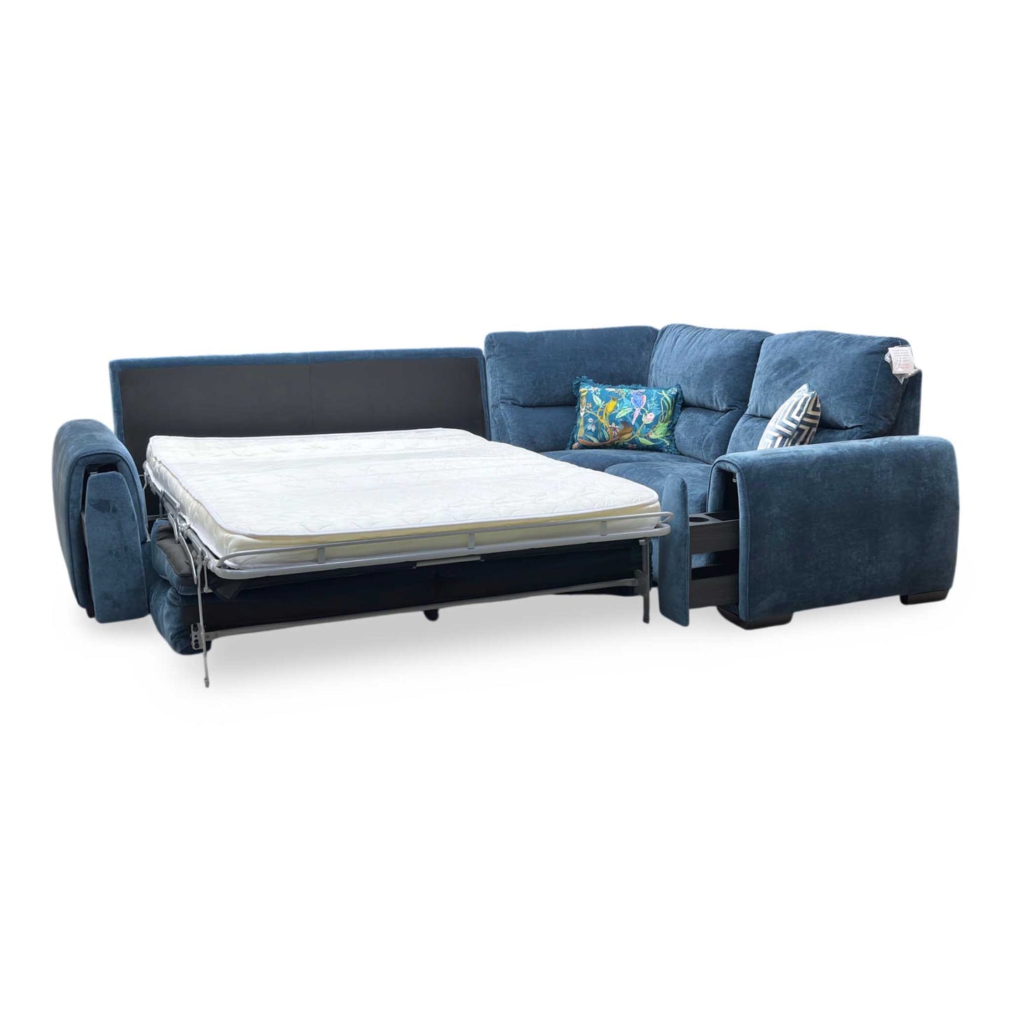 ‘Flex’ Fab-Can-R330 Steel Blue Fabric Small Corner Sofa Bed with Storage Arm Furniture Village