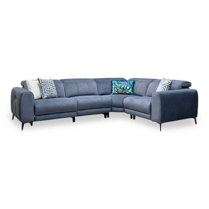 ‘Ezra' Bella Iron Grey Velvet Fabric Power Recliner Corner Sofa with Power Headrest Furniture Village