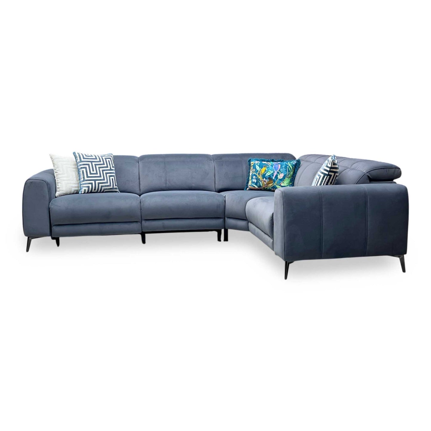 ‘Ezra' Bella Iron Grey Velvet Fabric Power Recliner Corner Sofa with Power Headrest Furniture Village