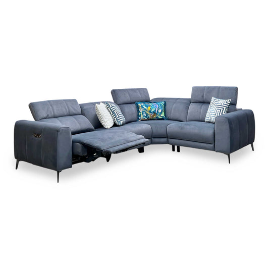 ‘Ezra' Bella Iron Grey Velvet Fabric Power Recliner Corner Sofa with Power Headrest Furniture Village