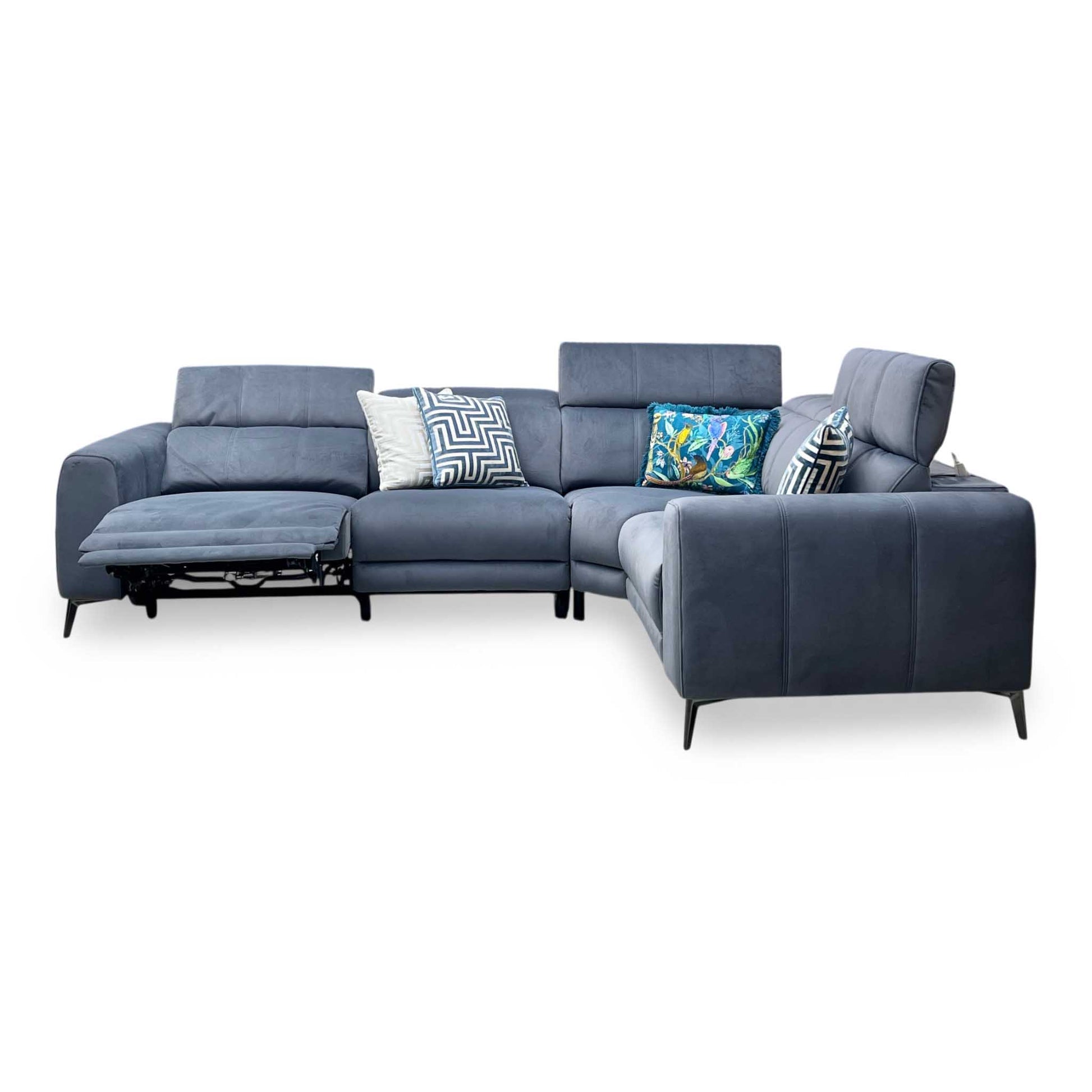 ‘Ezra' Bella Iron Grey Velvet Fabric Power Recliner Corner Sofa with Power Headrest Furniture Village
