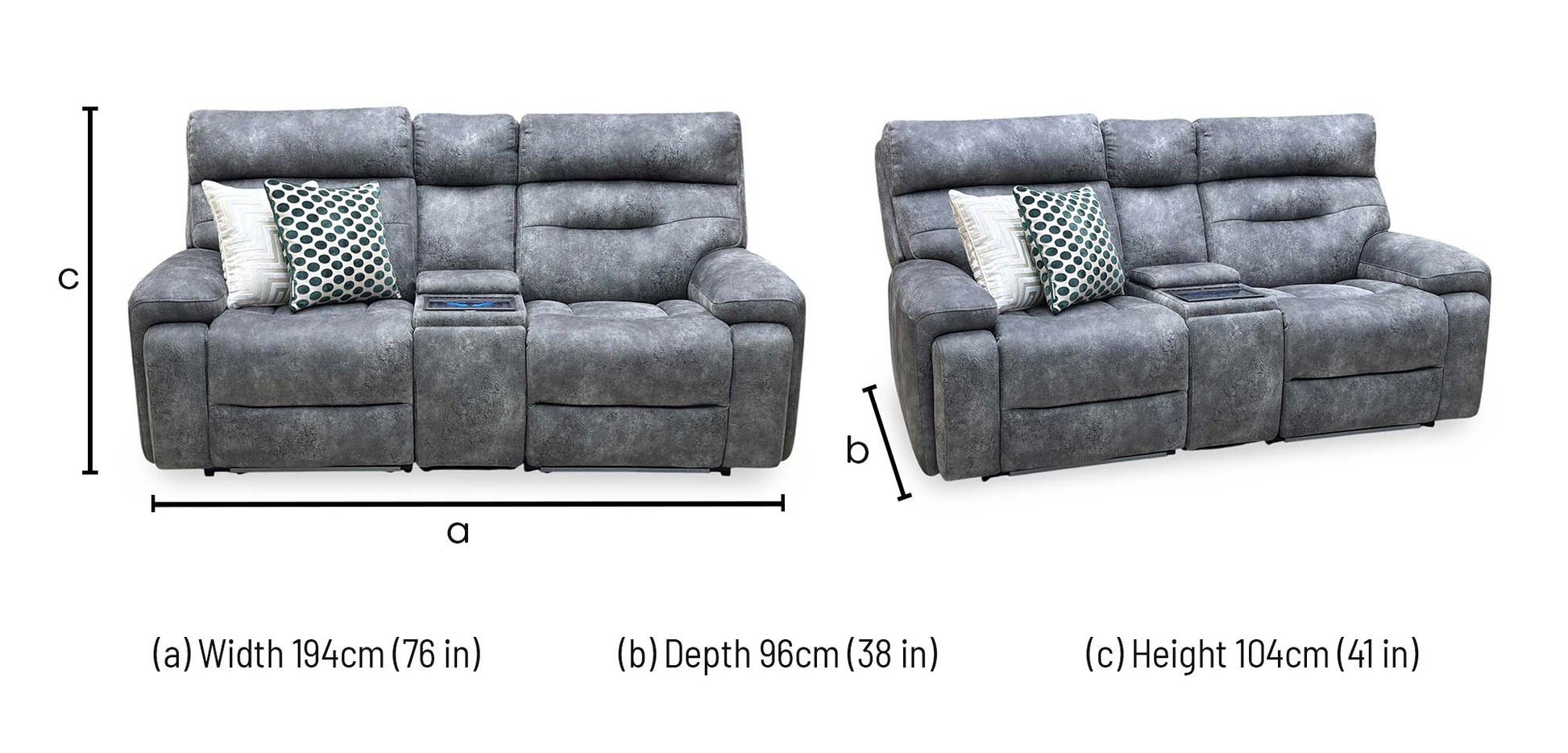 ‘Cinemax’ Marque Seal Grey Mq-0106 Velvet Fabric 2 Seater Media Console Power Recliner Sofa with Power Headrests Furniture Village