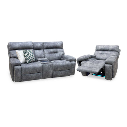 ‘Cinemax’ Marque Seal Grey Mq-0106 Velvet Fabric Set: 2 Seater Media Console Power Recliner with Power Headrests + Power