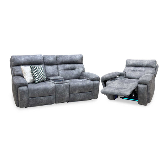 ‘Cinemax’ Marque Seal Grey Mq-0106 Velvet Fabric Set: 2 Seater Media Console Power Recliner with Power Headrests + Power
