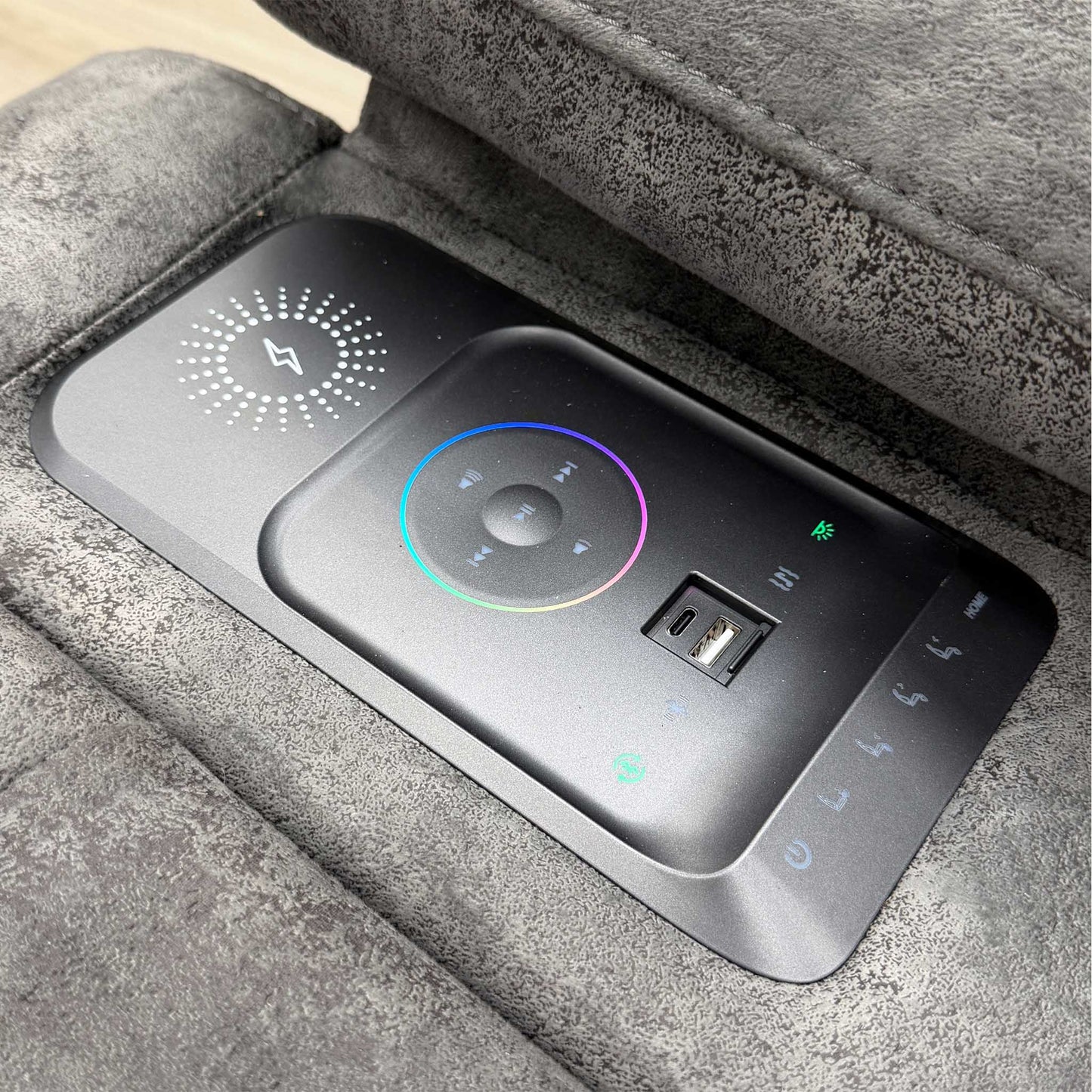 ‘Cinemax’ Marque Seal Grey Mq-0106 Velvet Fabric Set: 2 Seater Media Console Power Recliner with Power Headrests – view 12