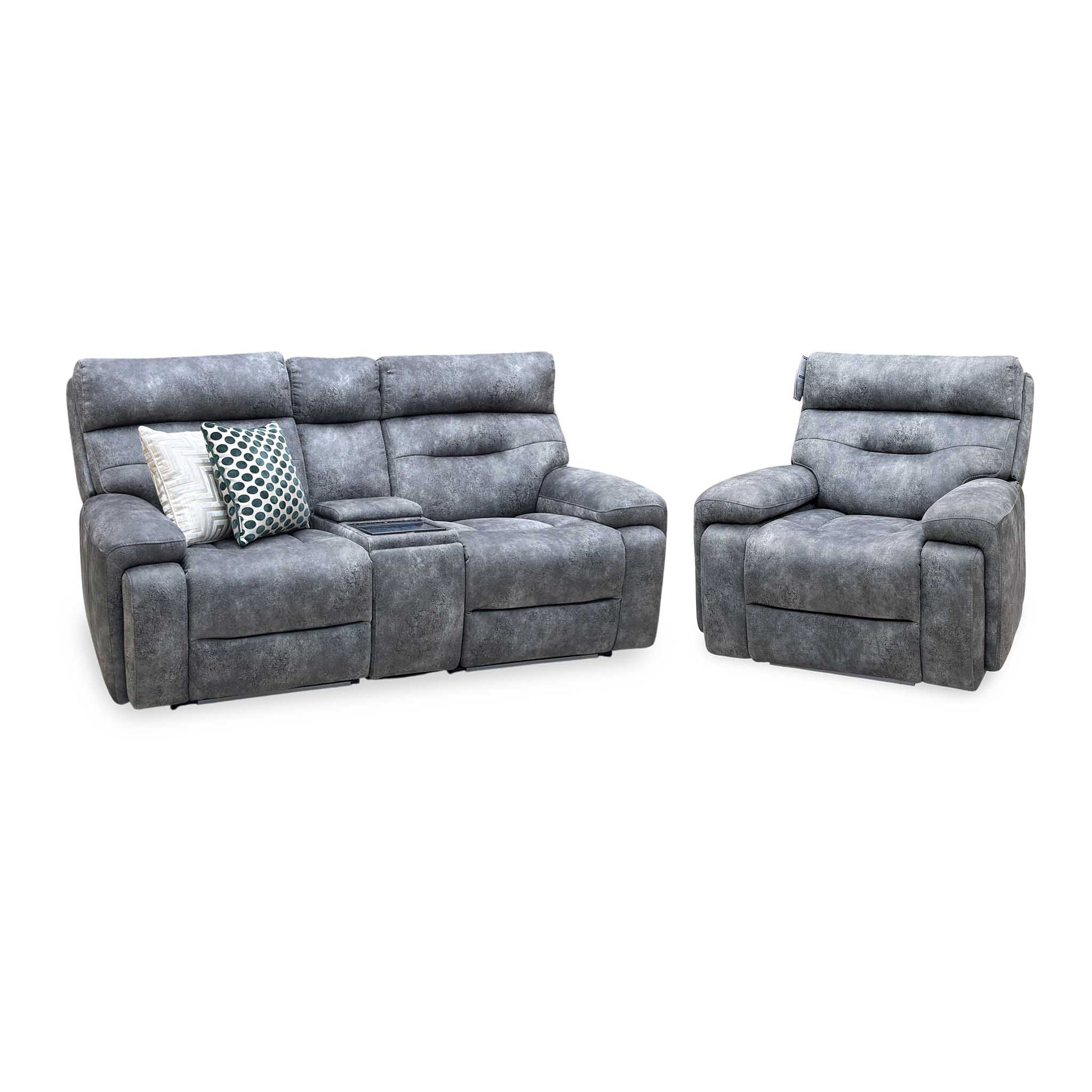 ‘Cinemax’ Marque Seal Grey Mq-0106 Velvet Fabric Set: 2 Seater Media Console Power Recliner with Power Headrests – view 5