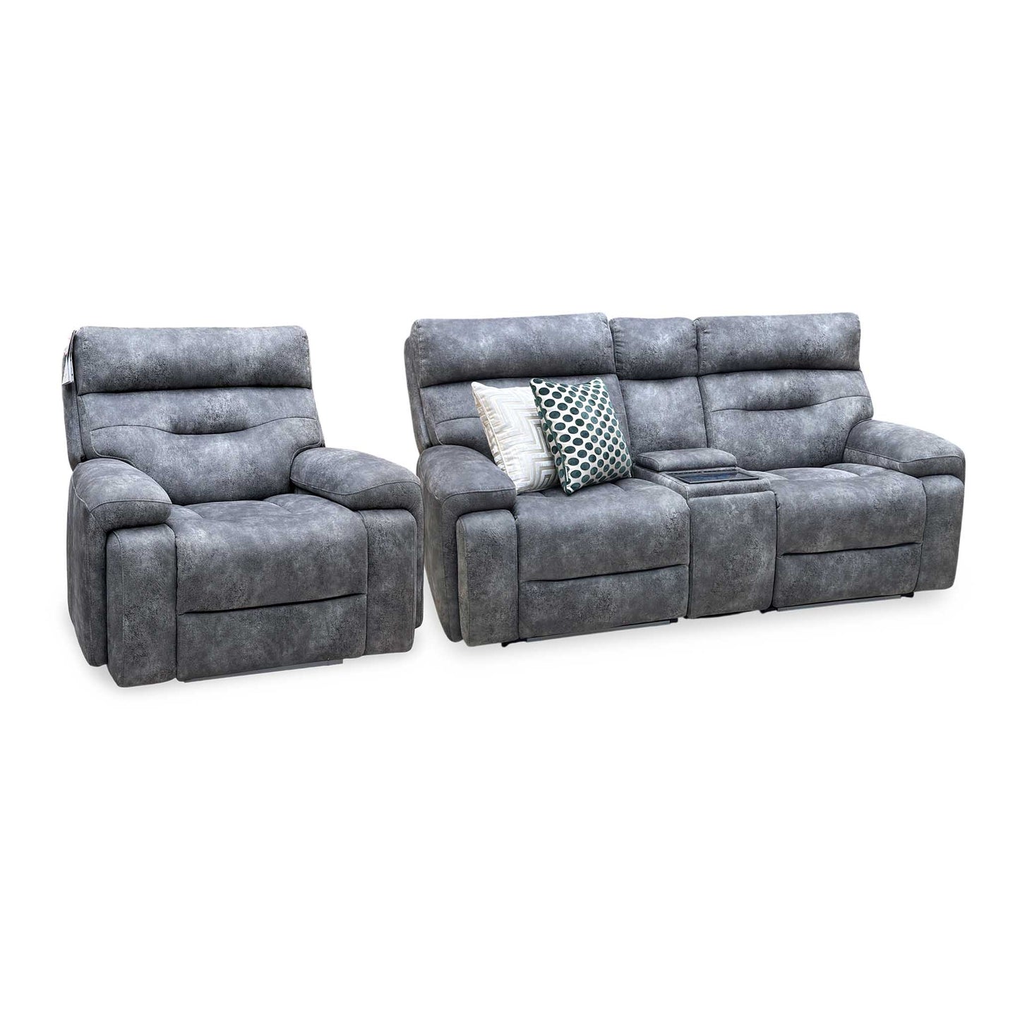 ‘Cinemax’ Marque Seal Grey Mq-0106 Velvet Fabric Set: 2 Seater Media Console Power Recliner with Power Headrests – view 6