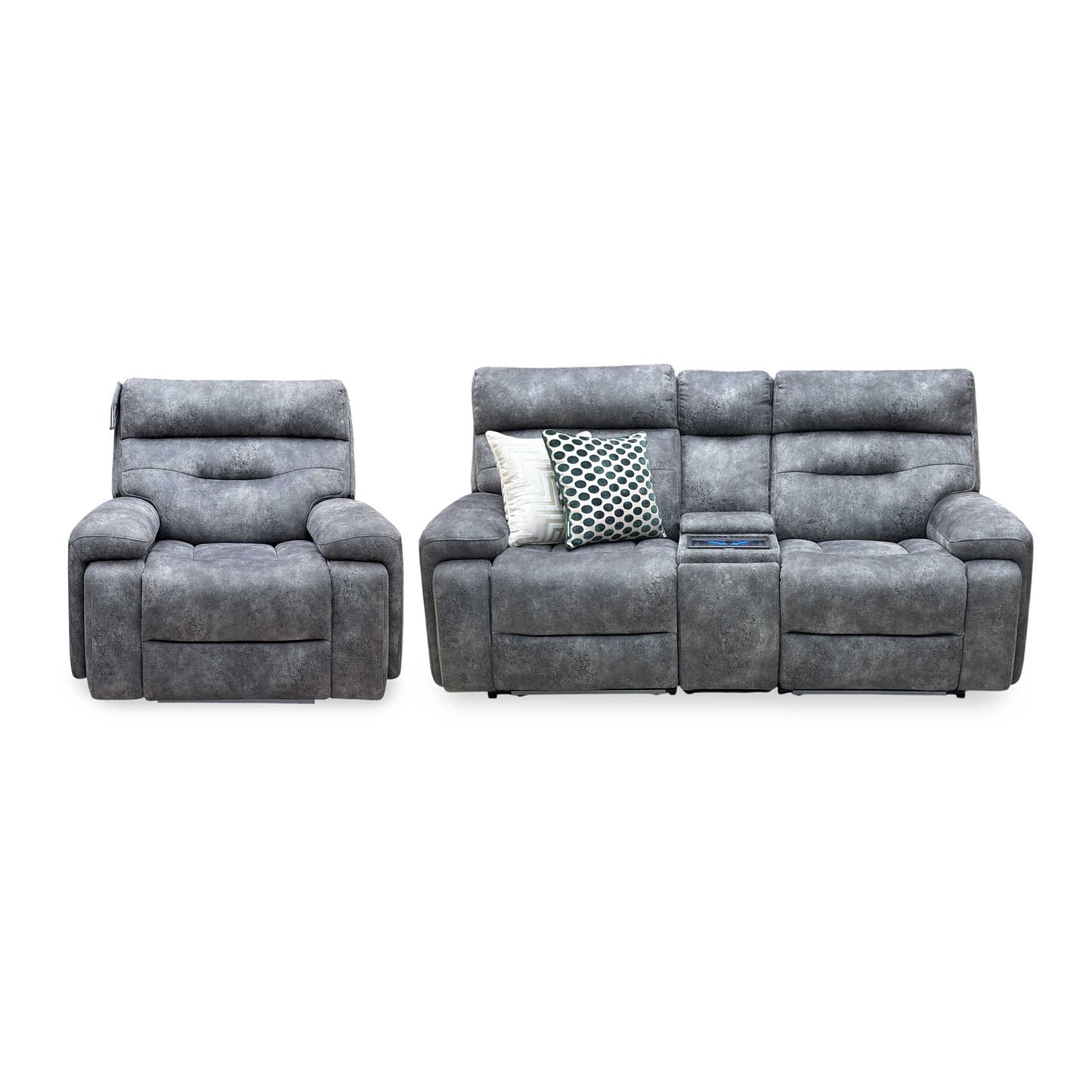 ‘Cinemax’ Marque Seal Grey Mq-0106 Velvet Fabric Set: 2 Seater Media Console Power Recliner with Power Headrests – view 7