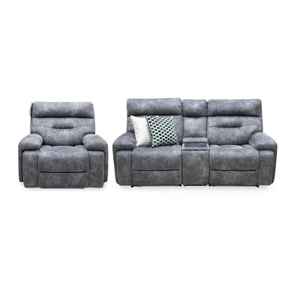‘Cinemax’ Marque Seal Grey Mq-0106 Velvet Fabric Set: 2 Seater Media Console Power Recliner with Power Headrests – view 7