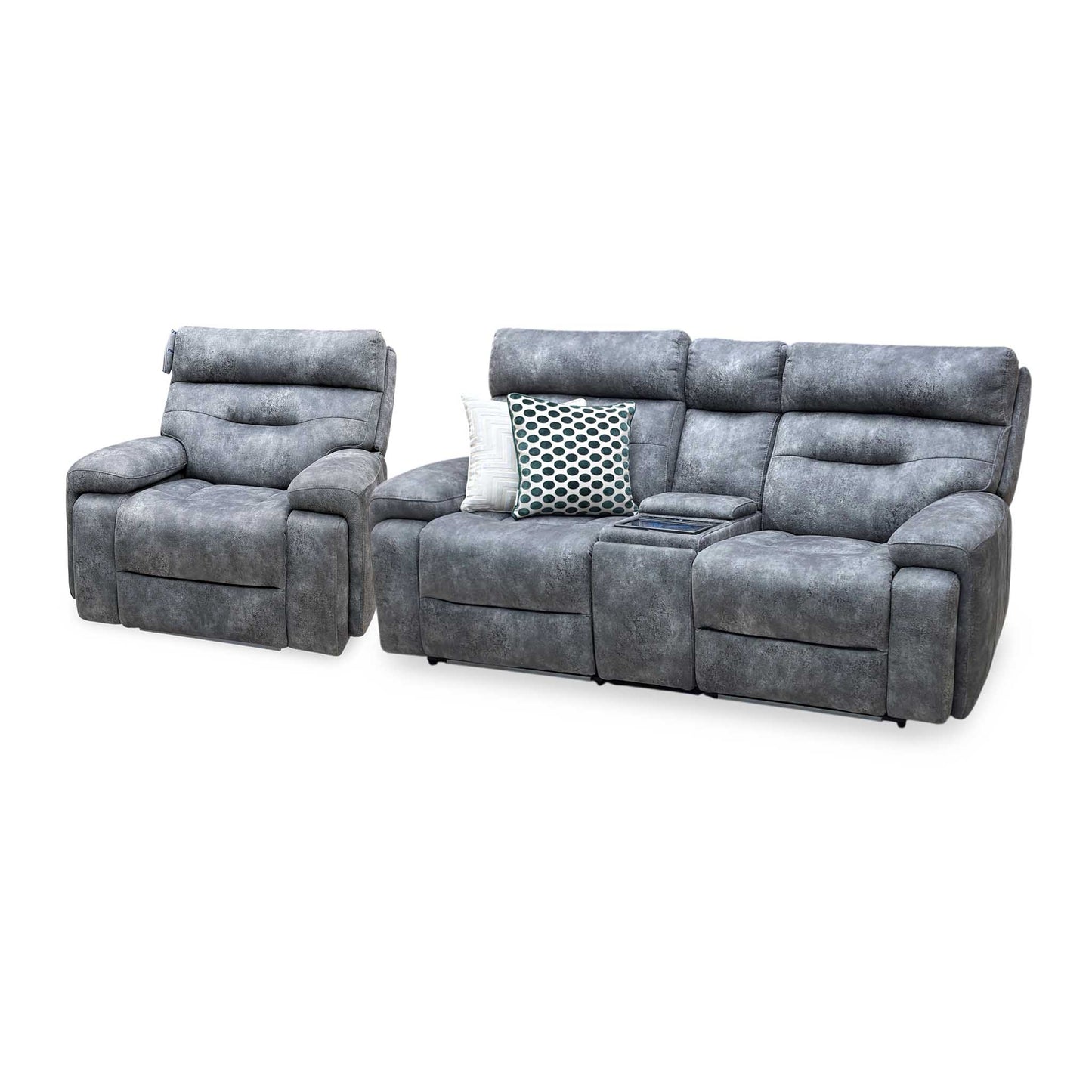 ‘Cinemax’ Marque Seal Grey Mq-0106 Velvet Fabric Set: 2 Seater Media Console Power Recliner with Power Headrests – view 8