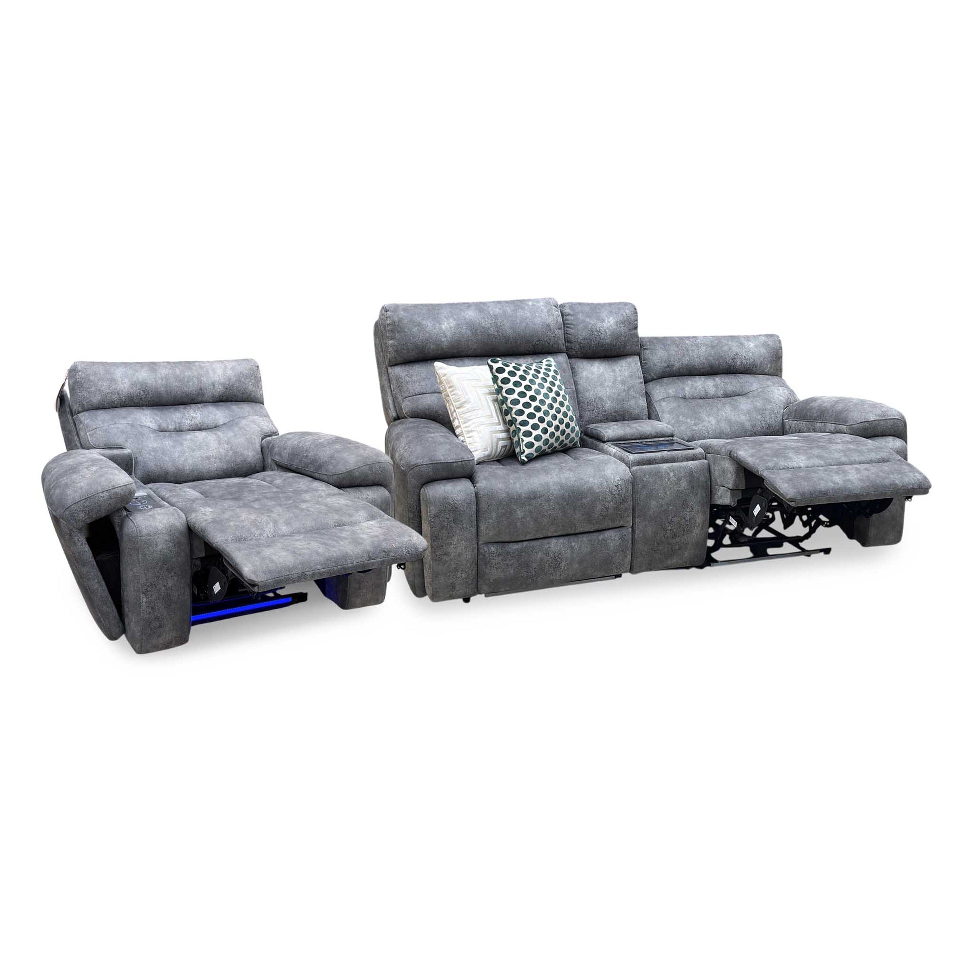 ‘Cinemax’ Marque Seal Grey Mq-0106 Velvet Fabric Set: 2 Seater Media Console Power Recliner with Power Headrests – view 9