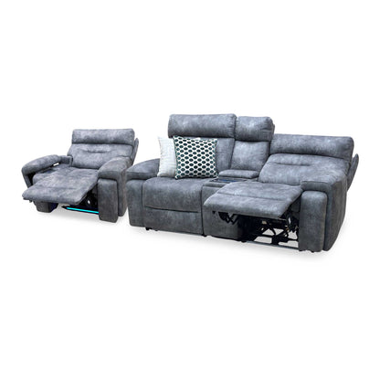 ‘Cinemax’ Marque Seal Grey Mq-0106 Velvet Fabric Set: 2 Seater Media Console Power Recliner with Power Headrests – view 4