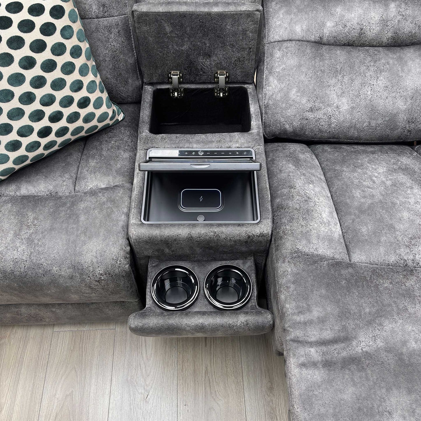 ‘Cinemax’ Marque Seal Grey Mq-0106 Velvet Fabric Set: 2 Seater Media Console Power Recliner with Power Headrests – view 13