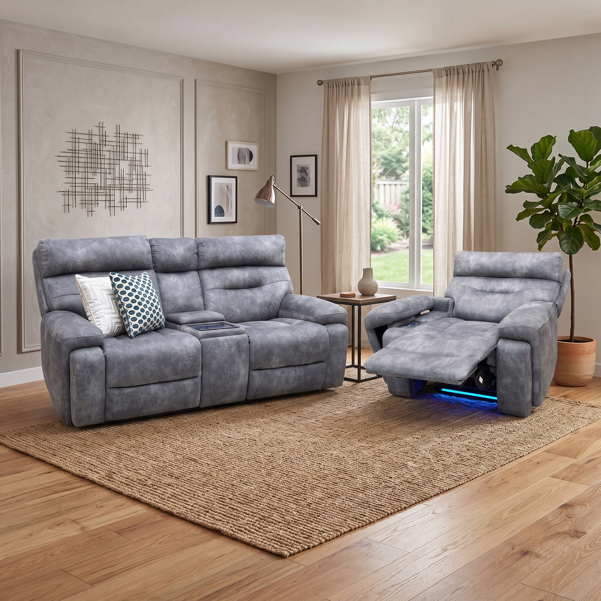 ‘Cinemax’ Marque Seal Grey Mq-0106 Velvet Fabric Set: 2 Seater Media Console Power Recliner with Power Headrests – view 2