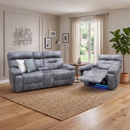 ‘Cinemax’ Marque Seal Grey Mq-0106 Velvet Fabric Set: 2 Seater Media Console Power Recliner with Power Headrests – view 2