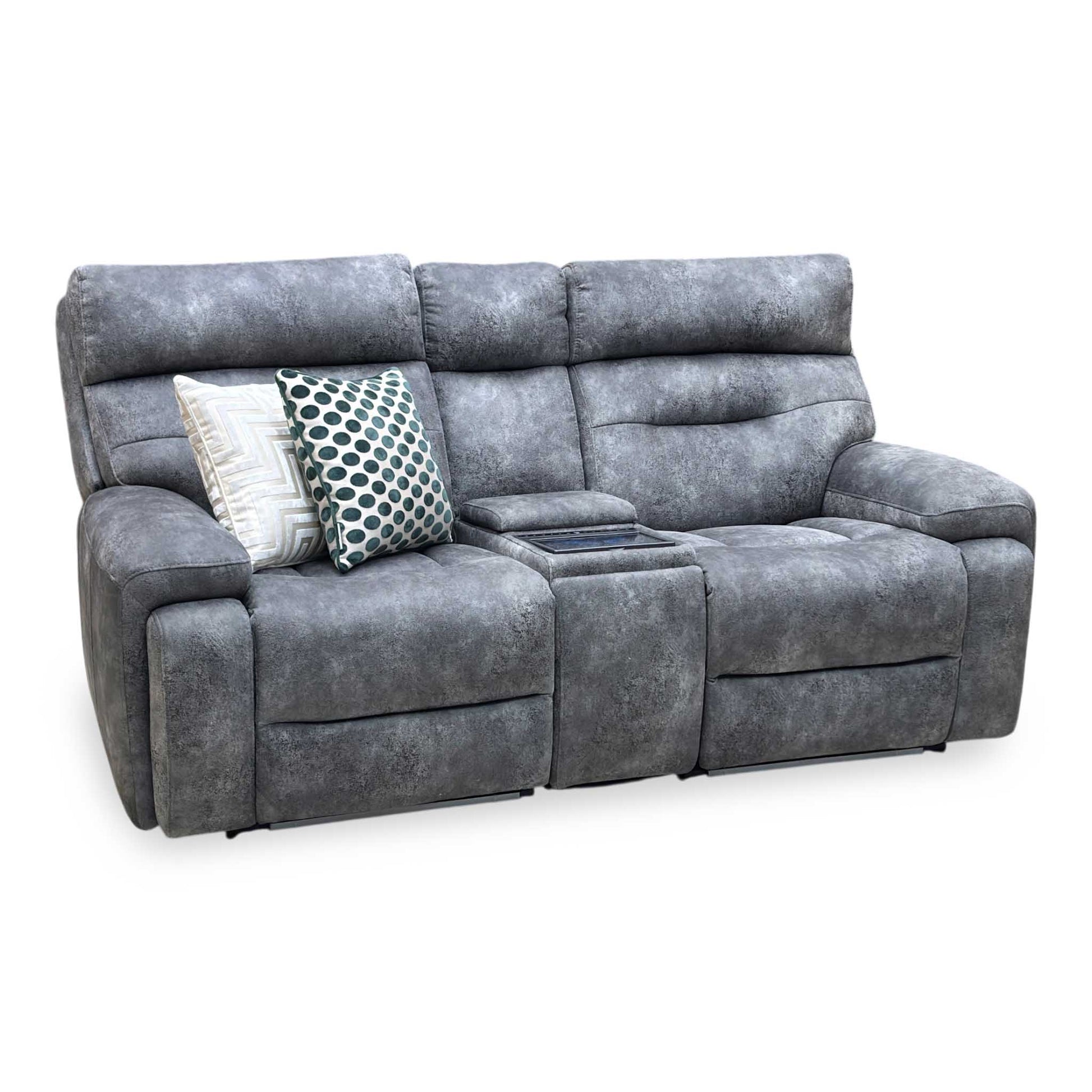 ‘Cinemax’ Marque Seal Grey Mq-0106 Velvet Fabric 2 Seater Media Console Power Recliner Sofa with Power Headrests Furniture Village