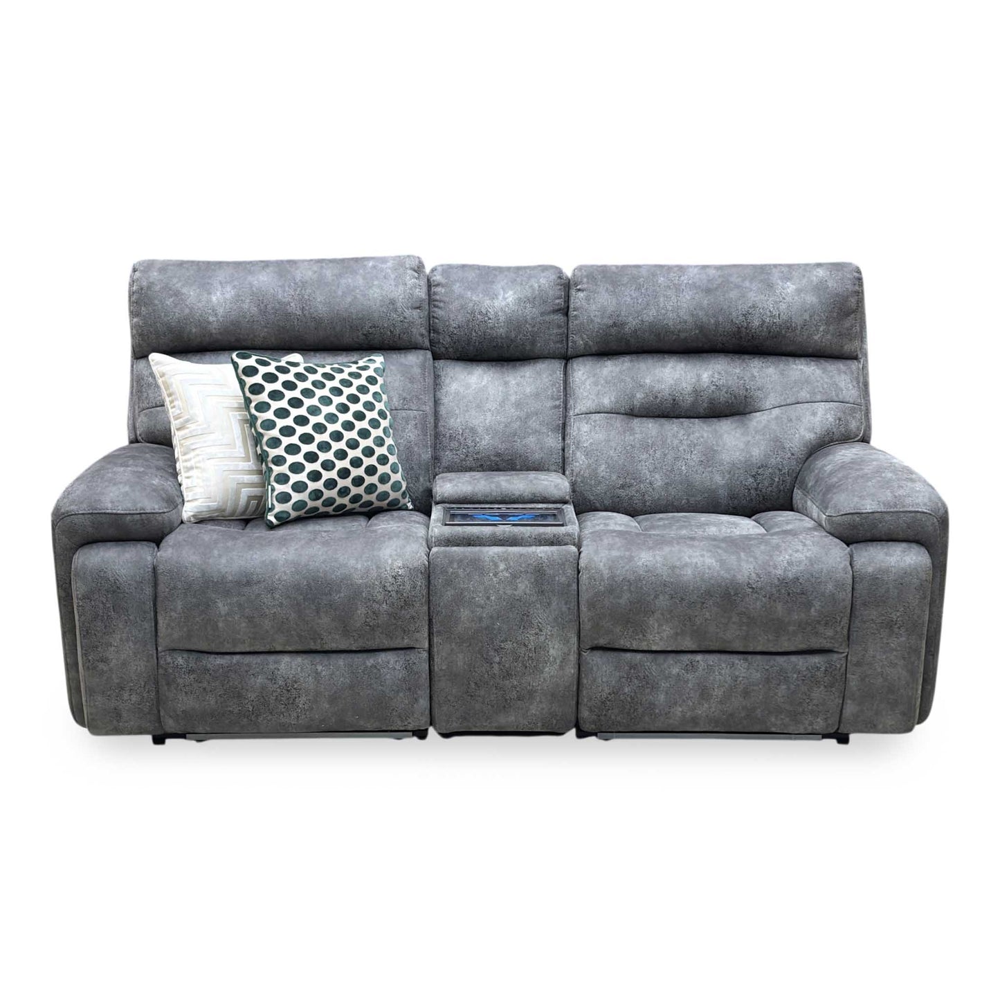 ‘Cinemax’ Marque Seal Grey Mq-0106 Velvet Fabric 2 Seater Media Console Power Recliner Sofa with Power Headrests Furniture Village
