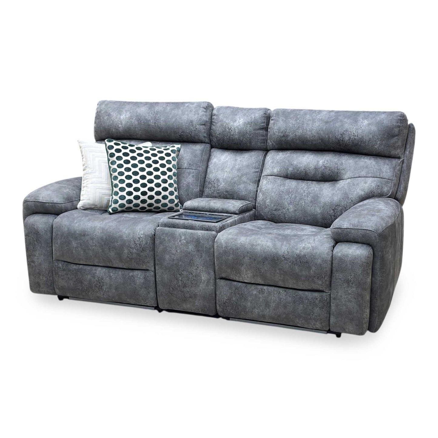 ‘Cinemax’ Marque Seal Grey Mq-0106 Velvet Fabric 2 Seater Media Console Power Recliner Sofa with Power Headrests Furniture Village