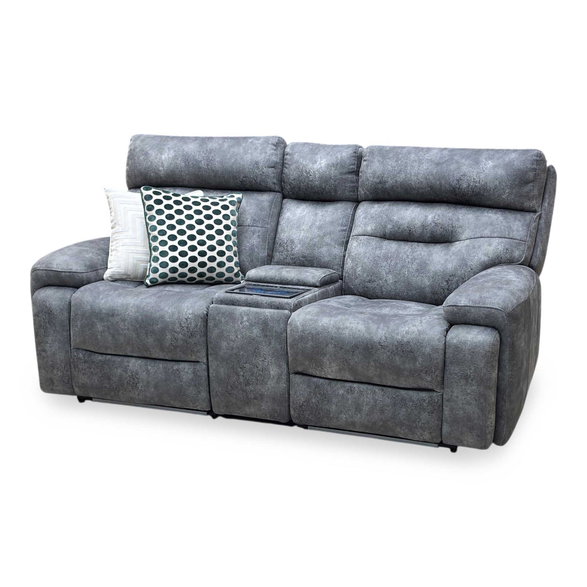 ‘Cinemax’ Marque Seal Grey Mq-0106 Velvet Fabric 2 Seater Media Console Power Recliner Sofa with Power Headrests Furniture Village