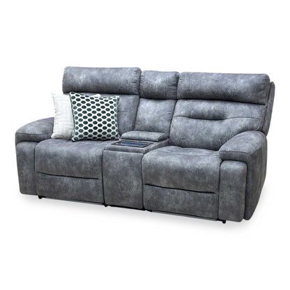 ‘Cinemax’ Marque Seal Grey Mq-0106 Velvet Fabric 2 Seater Media Console Power Recliner Sofa with Power Headrests Furniture Village