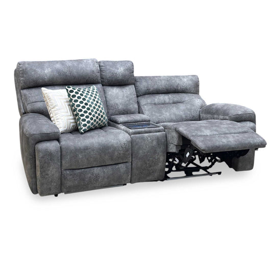 ‘Cinemax’ Marque Seal Grey Mq-0106 Velvet Fabric 2 Seater Media Console Power Recliner Sofa with Power Headrests Furniture Village