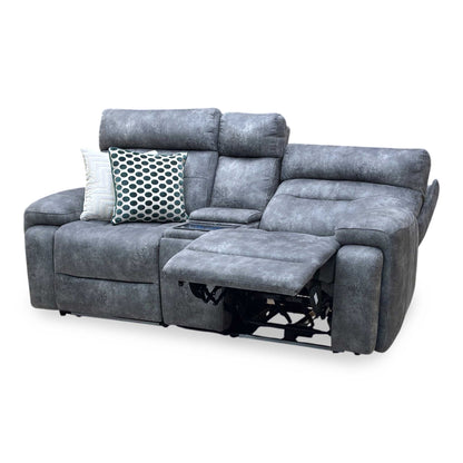 ‘Cinemax’ Marque Seal Grey Mq-0106 Velvet Fabric 2 Seater Media Console Power Recliner Sofa with Power Headrests Furniture Village