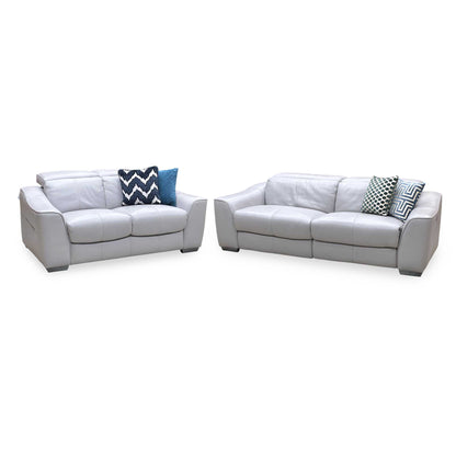 World of Leather 'Xavier' Hw-251e Grey Leather Set: 3 Seater Power Recliner with Power Headrests + 2 Seater Standard Sofa Set Furniture Village
