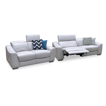 World of Leather 'Xavier' Hw-251e Grey Leather Set: 3 Seater Power Recliner with Power Headrests + 2 Seater Standard Sofa Set Furniture Village