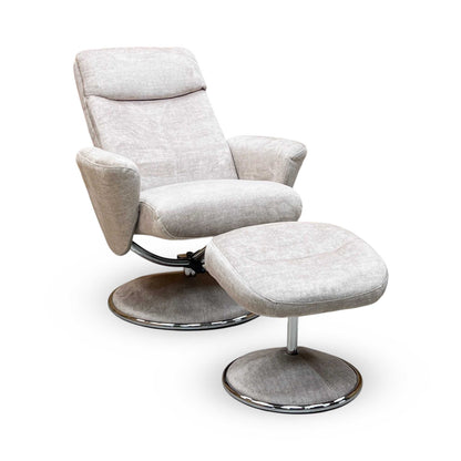 'Nice’ Champagne Ivory Fabric Swivel Recliner Chair and Footstool Furniture Village