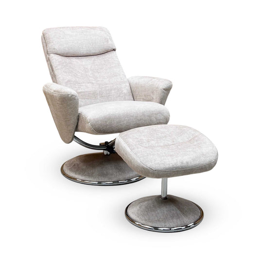 'Nice’ Champagne Ivory Fabric Swivel Recliner Chair and Footstool Furniture Village