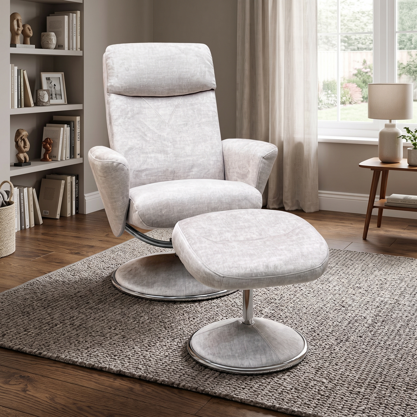 'Nice’ Champagne Ivory Fabric Swivel Recliner Chair and Footstool Furniture Village