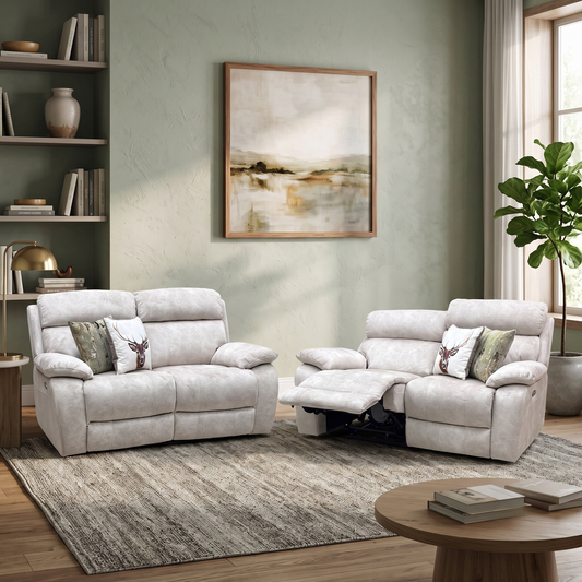 'Moreno' Bfa-Bnn-R26 Cream Velvet Fabric 2 Seater Power Recliner with Power Headrests + 2 Seater Power Recliner Sofa Set Furniture Village