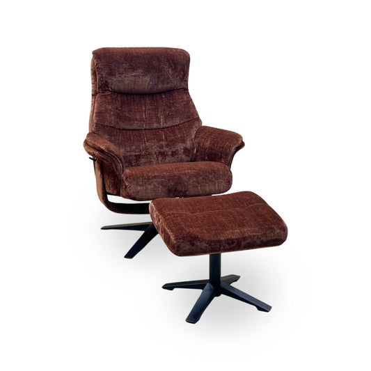 ‘Lindos’ Brandy Rust Orange Fabric Swivel Chair and Footstool Furniture Village