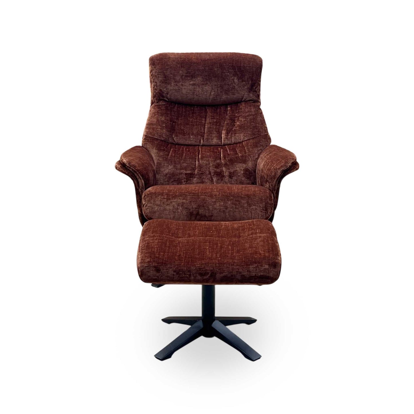‘Lindos’ Brandy Rust Orange Fabric Swivel Chair and Footstool Furniture Village