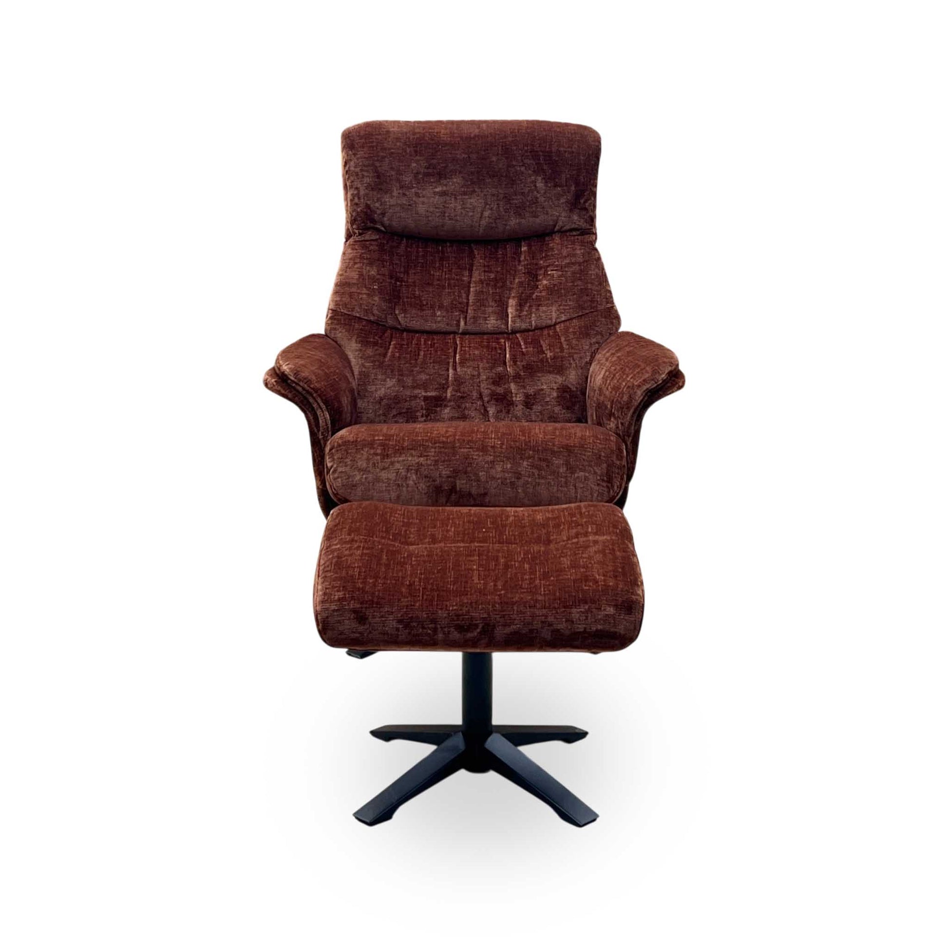 ‘Lindos’ Brandy Rust Orange Fabric Swivel Chair and Footstool Furniture Village