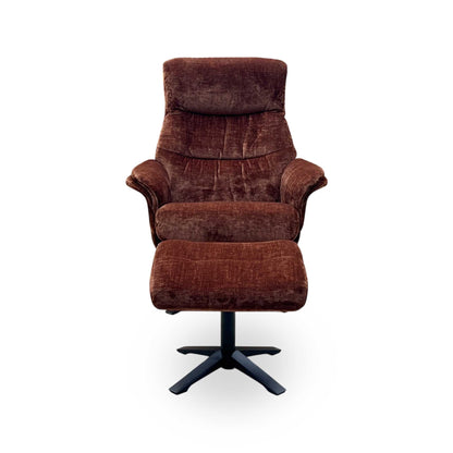 ‘Lindos’ Brandy Rust Orange Fabric Swivel Chair and Footstool Furniture Village