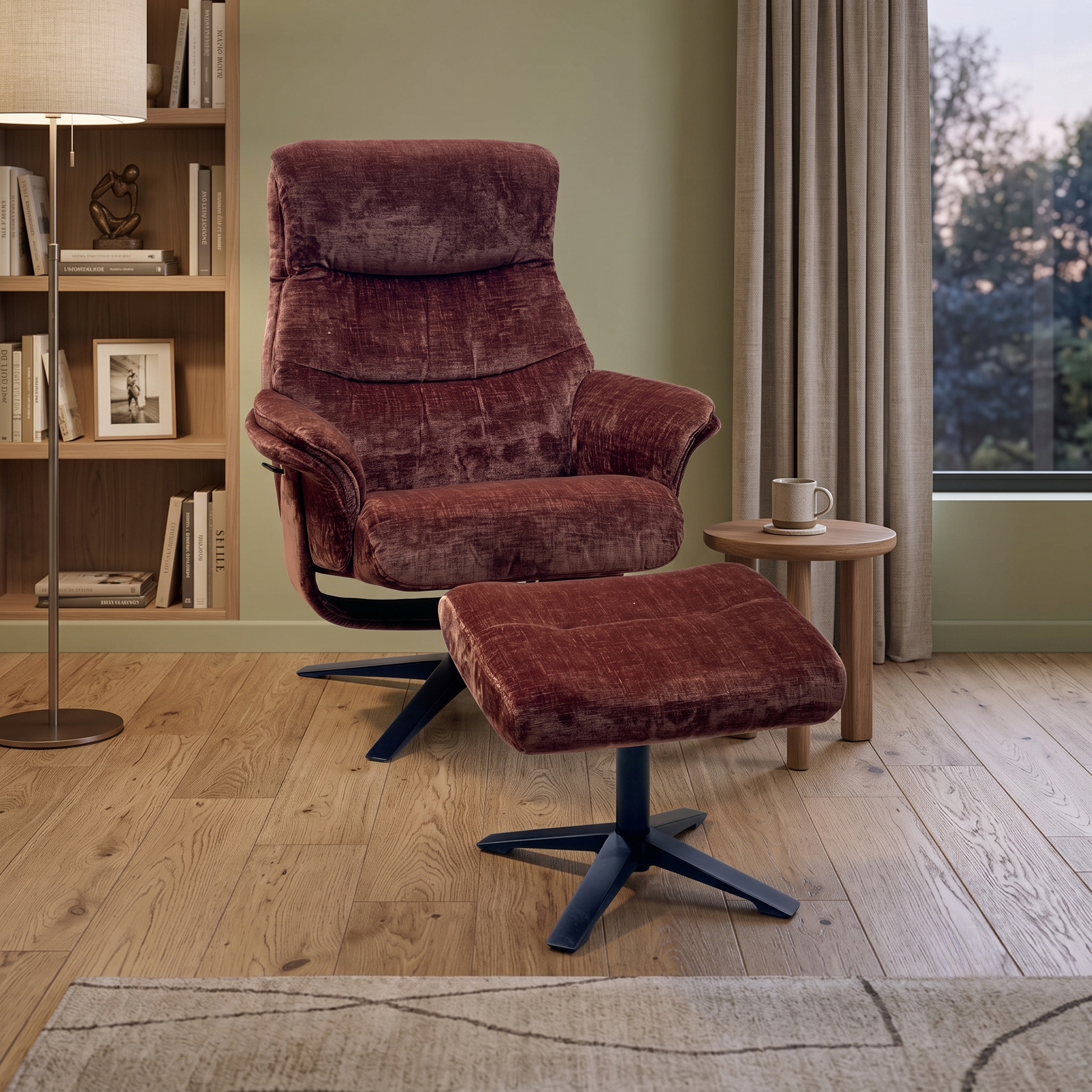 ‘Lindos’ Brandy Rust Orange Fabric Swivel Chair and Footstool Furniture Village