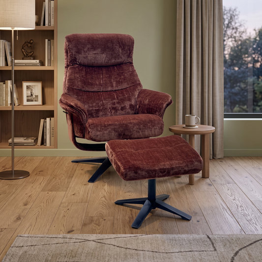 ‘Lindos’ Brandy Rust Orange Fabric Swivel Chair and Footstool Furniture Village