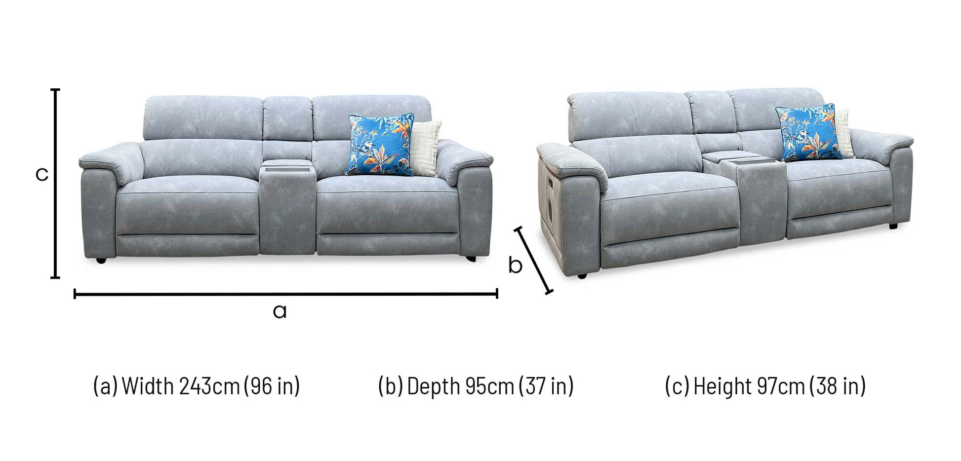 'Genius' Dexter Smoke Grey Velvet Fabric 3 Seater Power Recliner Media Sofa with Power Headrest, Power Lumbar and Bluetooth Speakers Furniture Village
