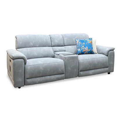 'Genius' Dexter Smoke Grey Velvet Fabric 3 Seater Power Recliner Media Sofa with Power Headrest, Power Lumbar and Bluetooth Speakers Furniture Village