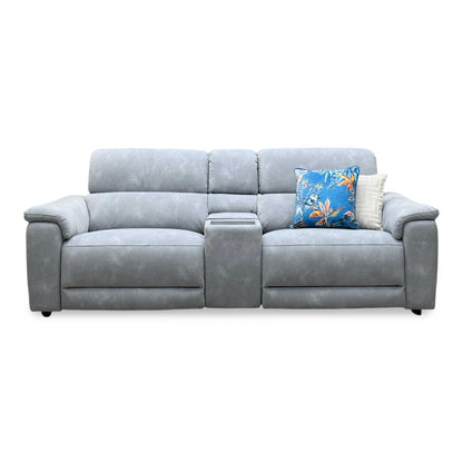 'Genius' Dexter Smoke Grey Velvet Fabric 3 Seater Power Recliner Media Sofa with Power Headrest, Power Lumbar and Bluetooth Speakers Furniture Village