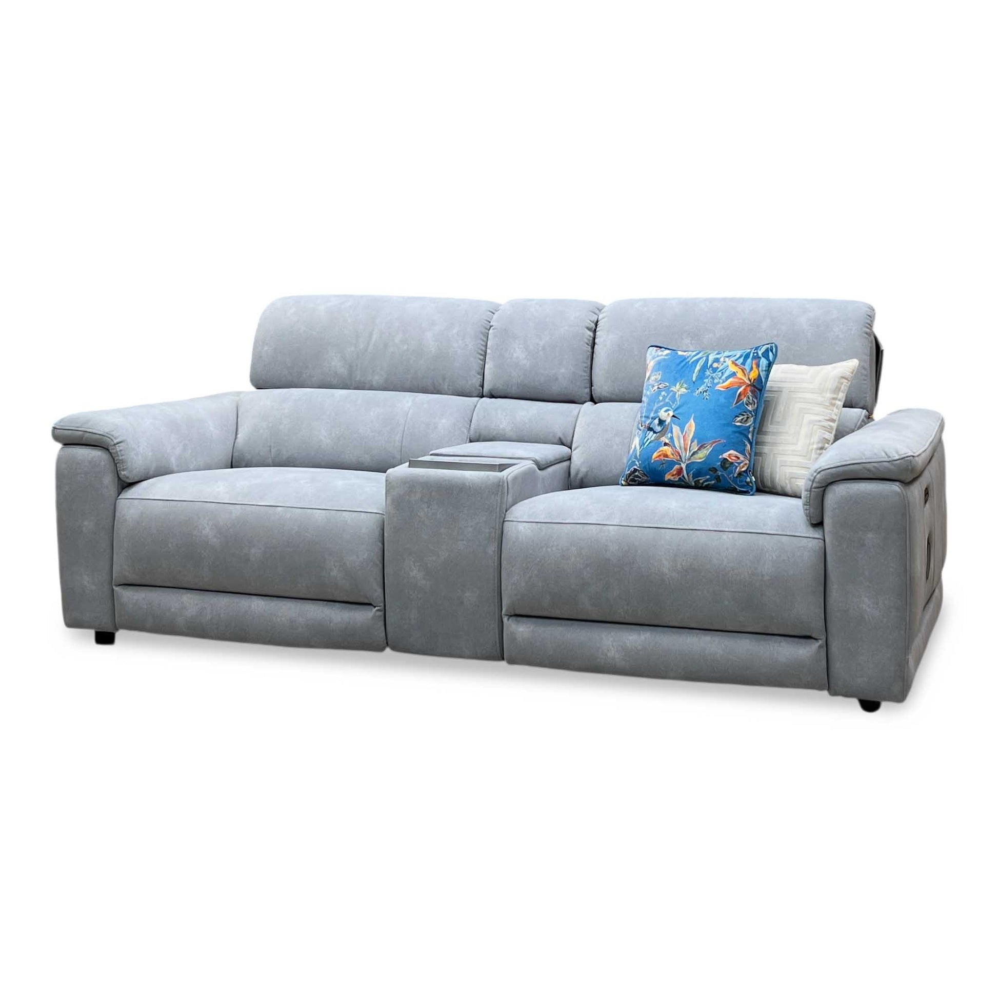 'Genius' Dexter Smoke Grey Velvet Fabric 3 Seater Power Recliner Media Sofa with Power Headrest, Power Lumbar and Bluetooth Speakers Furniture Village