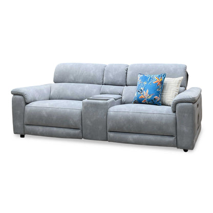 'Genius' Dexter Smoke Grey Velvet Fabric 3 Seater Power Recliner Media Sofa with Power Headrest, Power Lumbar and Bluetooth Speakers Furniture Village