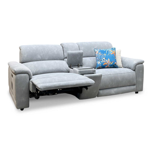 'Genius' Dexter Smoke Grey Velvet Fabric 3 Seater Power Recliner Media Sofa with Power Headrest, Power Lumbar and Bluetooth Speakers Furniture Village